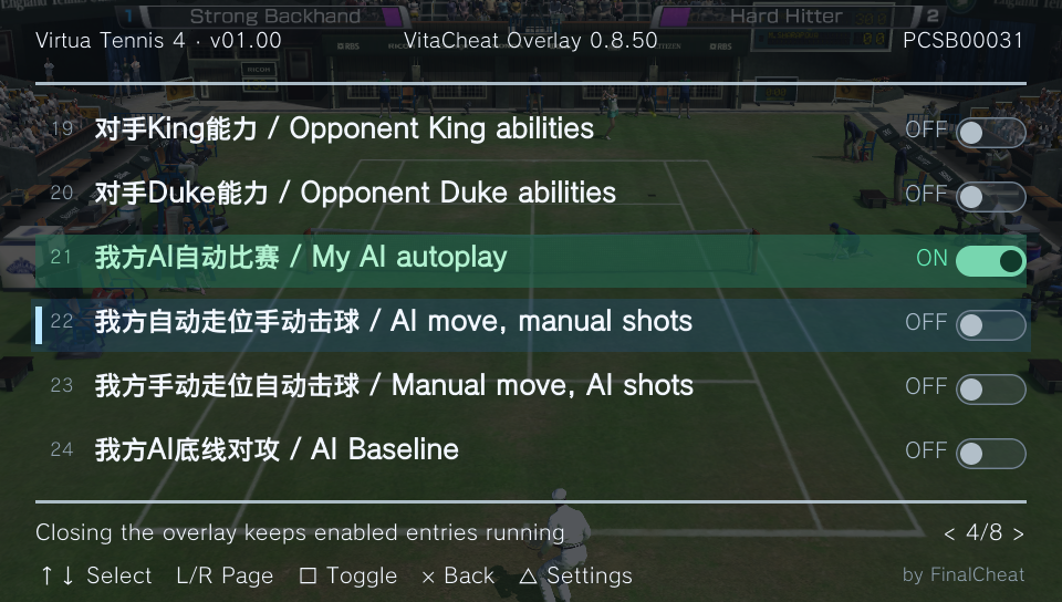 VitaCheat Overlay English interface in Virtua Tennis 4, showing selected entries and capsule switches
